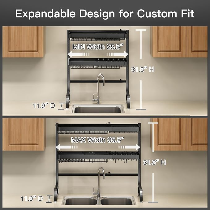 Over The Sink Dish Drying Rack, Extra Large Capacity Dish Drainer | 3 Tier Extra Large All Stainless Steel Expandable Plate Strainers, Rustproof Metal, Counter Space Saving, Modern Black - Image 3