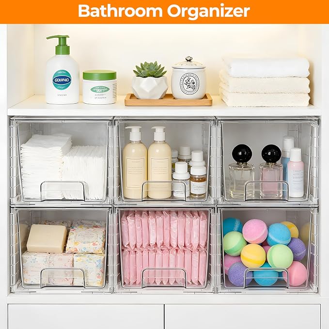 6 Pack Stackable Acrylic Storage Drawers – Clear Plastic Organizer Bins, Easy to Assemble, Suitable for Bathroom, Undersink, Kitchen, Pantry, Makeup, Medicine Organization - Image 4