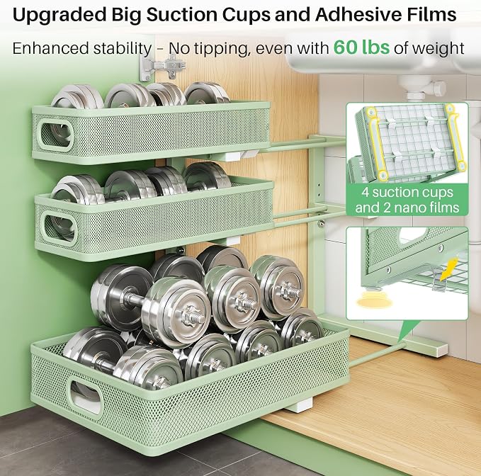 Kitstorack Under Sink Organizer, 2-Pack 3-Tier Height Adjustable Thickened Metal Pull out Cabinet Organizer Shelf, Slide out Storage Drawer Rack for Bathroom Kitchen Pantry Home Organization, Green - Image 7