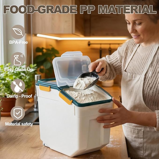 RUIAN 2Pcs Large Flour Storage Container Bin 50Lb Airtight Rice Storage Containers with Wheels Seal Locking Lid, BPA Free with Measuring Cup&Scoop for Flour, Rice, Grain 100LBS Total (Blue) - Image 5