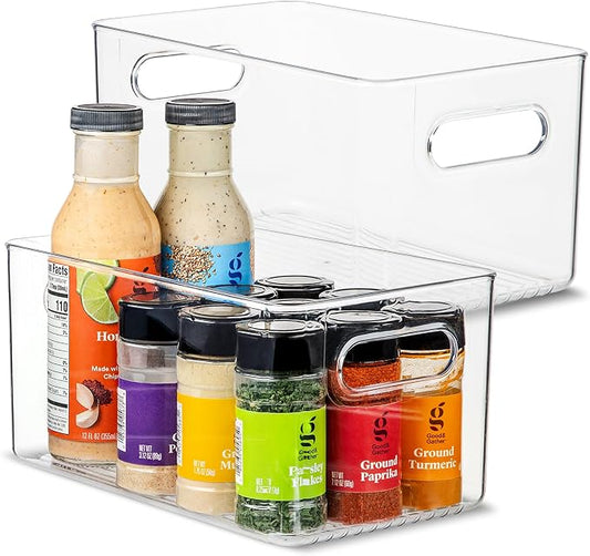 Plastic Food Storage 2 Pack Clear Container Bin with Handles for Organizing Kitchen, Pantry, Refrigerator, Freezer, Pantry, Cabinet, Closet, Bathroom. 10”x6”x5” by primebox