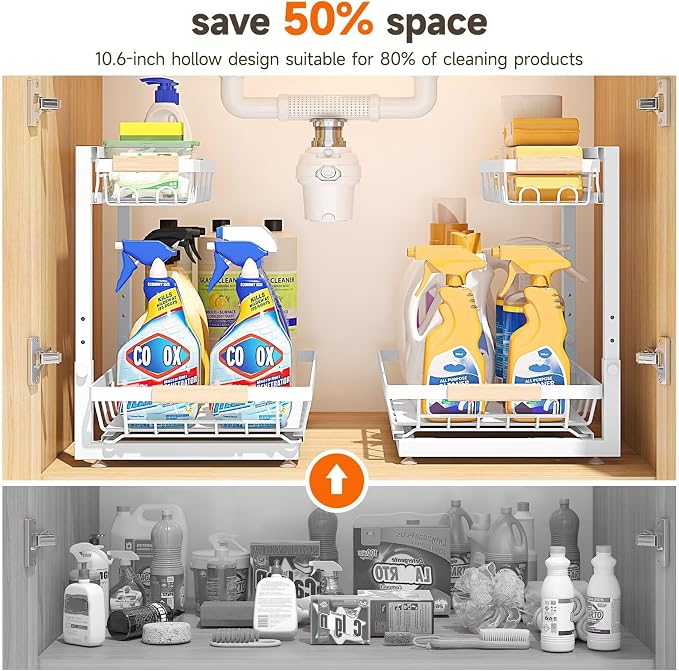 2-Pack 2-Tier Height Adjustable Under Sink Organizer & Storage | Multi-purpose storage for kitchen & bathroom cabinet. Extra Large white shelf, height adjustable design for space-saving. - Image 4