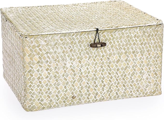 Hipiwe Wicker Shelf Baskets Bin with Lid, Large Seagrass Basket Storage Box | Handwoven Natural Baskets for Shelf Organizer, Rectangular Household Basket Boxes for Home Decor, Whitewash by Hipiwe