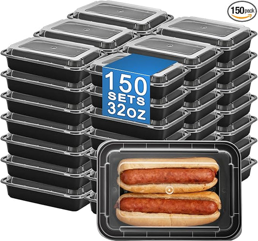 32oz Food Storage Containers with Lids,150 Sets Disposable Meal Prep Boxes | Single Serving Meal Prep Boxes,Leak-Proof, Microwave Freezer Safe,Black To-Go Containers For Lunch Portion Control & Catering by Apsic