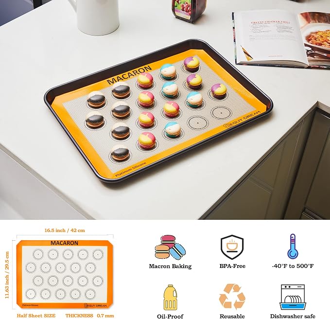 GUY DREAM All-in-One Silicone Baking Mat Set - Kneading Mat, Cookie & Macaron Half Sheet, 1/4 Sheet Mat, Square & Round Cake Mats, Artisan Bread Sling- Ideal Gift for Baking - Image 3