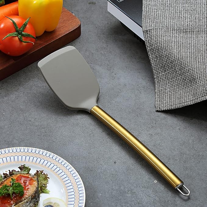 Berglander Non-stick Silicone Solid Turner, Titanium Gold Plating handle, Barbecue Spatula for Cooking, Dishwasher Safe, Easy to Clean - Image 2