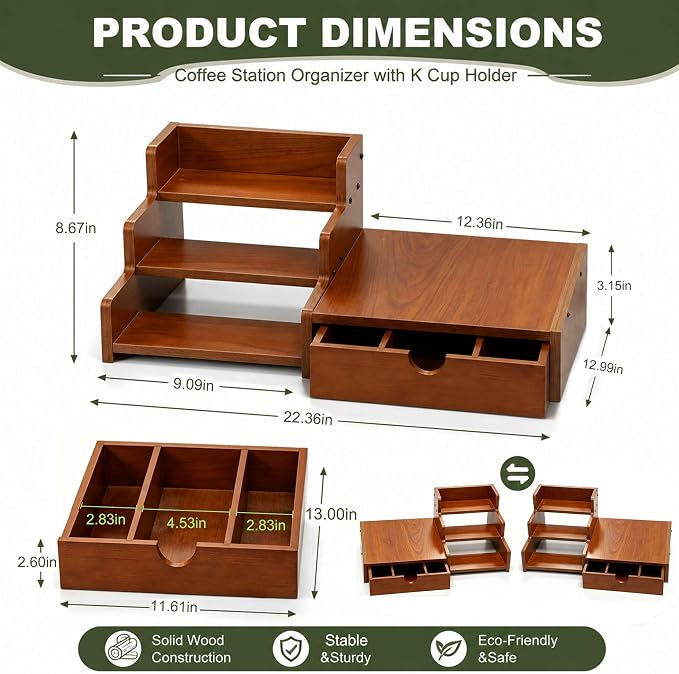 Coffee Station Organizer with K Cup Holder Drawer for Countertop, Coffee Tea Bar Accessories Office Corner Stand Station, 28 Pods Holder Drawer 3-Tier Trapezoidal Wooden Syrup Organizer Rack - Image 2