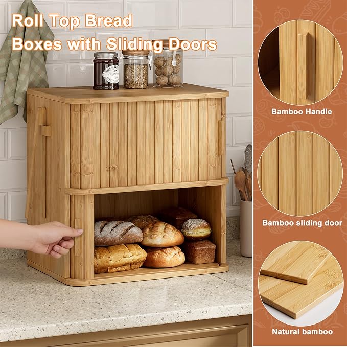 WOWLIVE 2-Tier Roll Top Bread Box for Kitchen Countertop Storage Cabinet | Double Layer Bamboo Bread Boxes with Sliding Doors, Extra Large Bread Storage Cabinet for Loaves & Pastries, Natural - Image 4