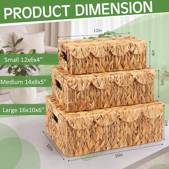 3 Pcs Large Wicker Storage Baskets with Lids 16" 14" 12" Scalloped Wicker Edge Basket Rattan Storage Rectangle Box Large Water Hyacinth Bins with Built in Handles for Living Room, Nursery - Image 2