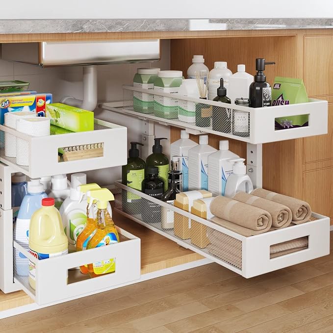 2 Packs 21IN Depth Under Sink Organizer, 2-Tier Pull Out Cabinet Organizer With Smooth Circular Rail, Large Capacity Metal Mesh Sliding Drawers For Bathroom& Kitchen Storage,Height Adjustable –White by UnderSinkOrganizer