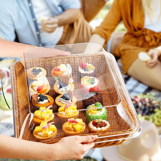 Mumufy 2 Pack Wicker Large Bread Basket with Acrylic Lid Housewarming Gift Woven Rectangular Imitation Rattan Fruit Basket with Cover for Serving Food Display Tabletop Home Kitchen(17.72x13.78'') - Image 5