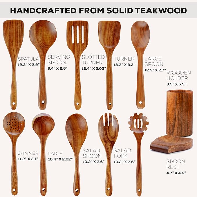 Zulay Kitchen 12-Piece Teak Wooden Utensils for Cooking - Natural Teak Utensil Set with Premium Gift Box - Non-Stick Wooden Spoons for Cooking - Kitchen Gift Set - Comfortable Grip Wooden Utensil Set - Image 3
