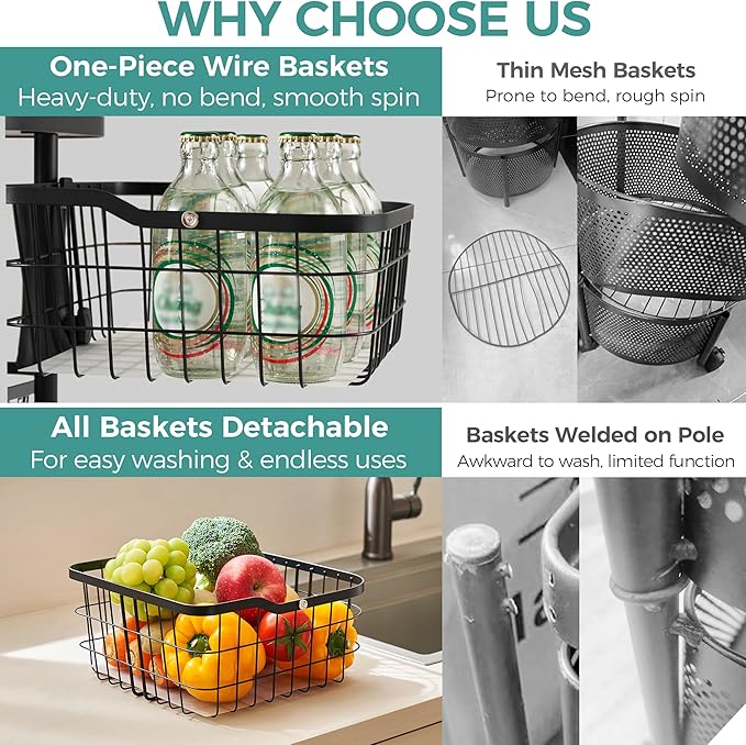 5 Tier Rotating Kitchen Storage Cart, Fruit Vegetable Potato Rack Stand | Patented Swivel Part Spin Smoothly Even Full. Rustproof. One-Piece Wire Bin Prevent Sagging. Keep Onion, Veggie, Spices Fresh - Image 3