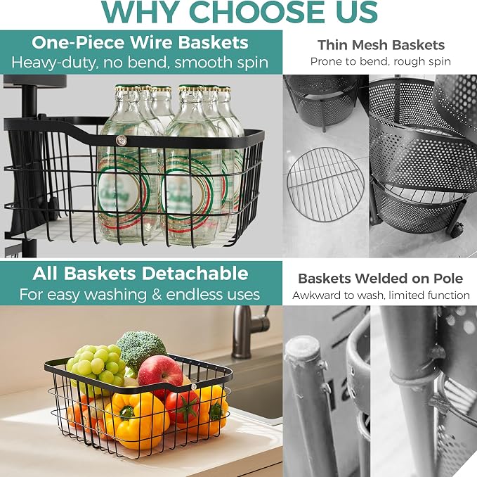 4 Tier Rotating Kitchen Storage Cart, Fruit Vegetable Potato Rack Stand | Patented Swivel Part Spin Smoothly Even Full. Rustproof. One-Piece Wire Bin Prevent Sagging. Keep Onion, Veggie, Spices Fresh - Image 3