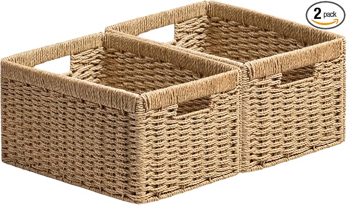 UBBCARE 2 Pack Wicker Basket, 13.4L×8.3H×7.1W inch Woven Paper Rope Storage Baskets for Shelves, Foldable Rectangular Storage Baskets with Handle, Storage Basket for Organizing, Natural by UBBCARE
