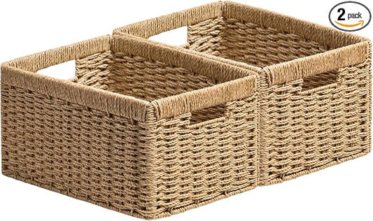 UBBCARE 2 Pack Wicker Basket, 13.4L×8.3H×7.1W inch Woven Paper Rope Storage Baskets for Shelves, Foldable Rectangular Storage Baskets with Handle, Storage Basket for Organizing, Natural by UBBCARE
