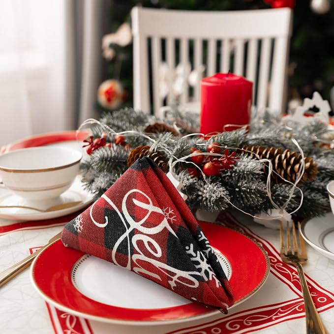 Funnymoom 24 Pcs Christmas Plaid Cloth Napkins Buffalo Gingham 15 x 15 Inches Snowflakes Black and Red Checked Cotton Dinner Napkins Soft Absorbent Washable for Holiday Winter Xmas Party - Image 4