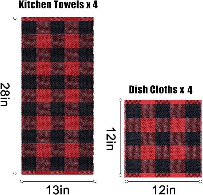 Homaxy Kitchen Towels and Dishcloths Set, Set of 8, Black & Red | Bulk Cotton Waffle Weave Check Plaid Kitchen Towels, Super Soft and Absorbent Dish Cloths, 12 x 12 and 13 x 28 Inches - Image 7