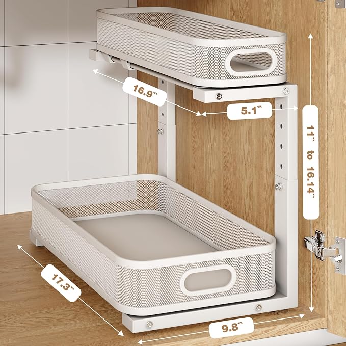 2 Pack 17.3IN-Depth Under Sink Organizer with Smooth Cylindrical Rail,2-Tier Pull Out Multi-Purpose Cabinet Storage for Bathroom&Kitchen,Height Adjustable,Rust-Resistant Coating-Gun Gray - Image 2