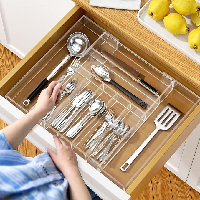 NIUBEE Acrylic Utensil Silverware Tray for Drawer, Clear Cutlery Organizer | Expandable Silverware Organizer for Flatware, 9 Compartments Adjustable Utensil Organizer,Clear Silverware Holder for Kitchen - Image 5