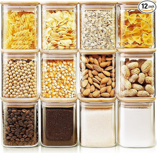 17 oz Square Glass Food Storage Containers with Airtight Bamboo Lids 12Pack | Stackable Small Pantry Jar for Spices, Nuts & Seed, Durable Borosilicate Glass Canister Keep Food Fresh, Easy to Fill & Clean by HomArtist