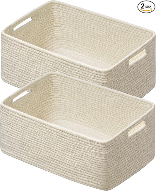 2 Pack Storage Baskets for Organizing, Large Woven Storage Basket, Beige | 17"Lx13"Wx7.5"H, Cotton Rope Basket, Toy Storage, Cube Shelf, Closet Shelf Organizer, Clothes Storage, Home Decor by UBBCARE