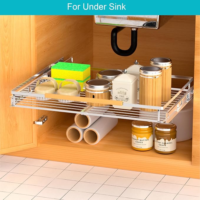 2 Pack Pull Out Cabinet Drawer Shelf Organizer, Extendable Sliding Slide Out Pantry Shelves Storage Heavy Duty for Kitchen Cabinets Under Sink, Adjustable Width 23.1~39.9" W x 22.4" D - Image 5