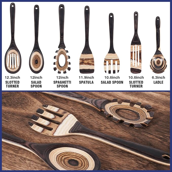 MYRAINBOW Wooden Spoons for Cooking, 7 Piece Pakkawood Kitchen Utensils Set with Spatulas, Spoons, Ladles, and Turner for Mixing, Serving & Cooking - Image 3