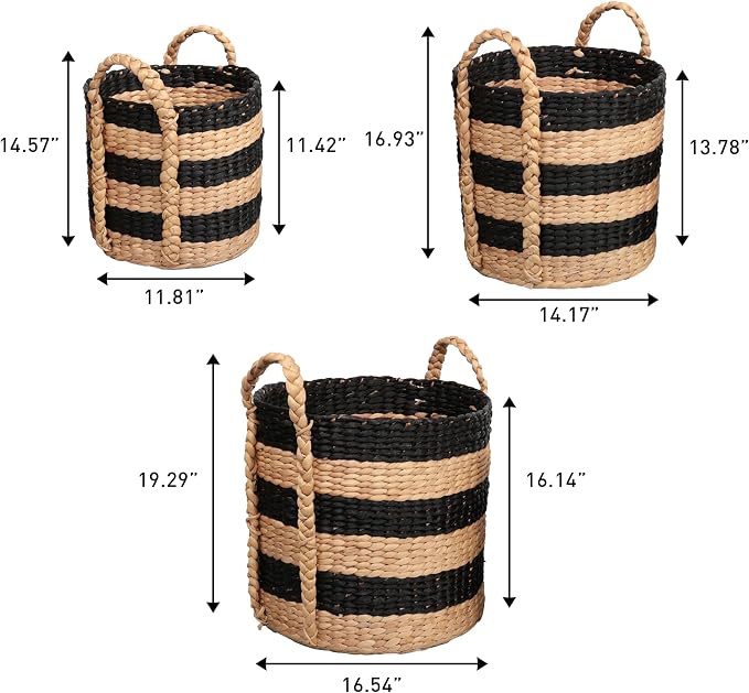 happimess Willow 3-Piece Nesting Hyacinth Baskets 19", Black/Natural | Handwoven, Rustic Cottage Stripe, Integrated Side Handles, Decorative Storage Containers, Living Room, Bedroom - Image 4