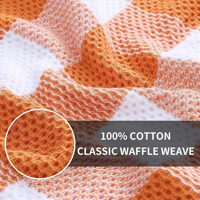 Homaxy Kitchen Towels and Dishcloths Set, Set of 8, White & Orange | Bulk Cotton Waffle Weave Check Plaid Kitchen Towels, Super Soft and Absorbent Dish Cloths, 12 x 12 and 13 x 28 Inches - Image 2