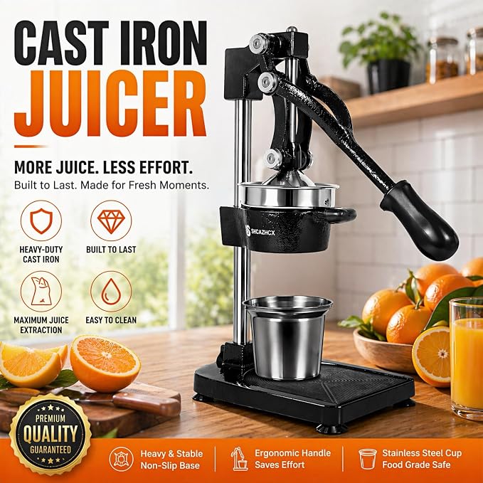 Cast Iron Manual Citrus Juicer Press, Heavy Duty Fruit Squeezer | Long-lever citrus press for oranges, grapefruit, and pomegranates with removable stainless steel parts - Image 2