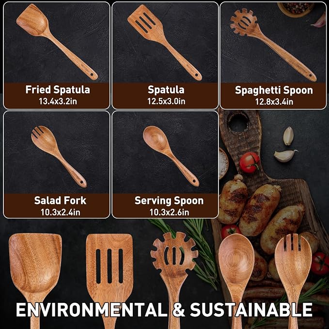 Wooden Kitchen Utensil Set - Natural Solid Wood Spoons, Non-Toxic, Heat Resistant, Non-Scratch and Easy to Clean (A05) - Image 5