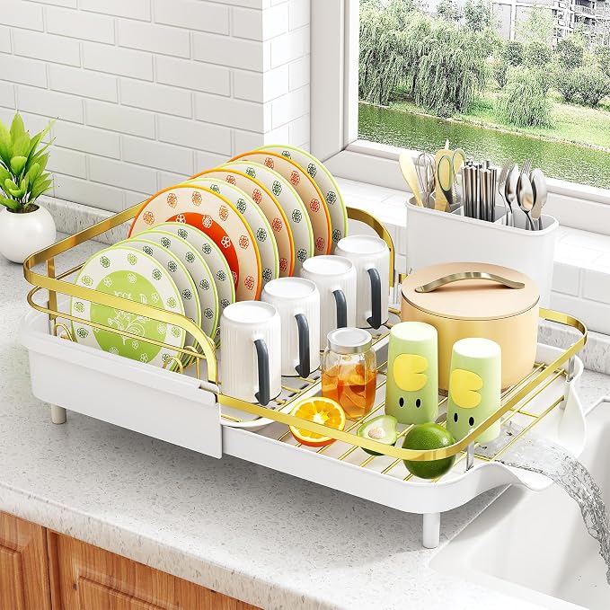 SAYZH Expandable Dish Drying Rack for Small Kitchen Counter, Gold | Stainless Steel, Protective Guardrail, Angled Drainboard, Fits High-Rim Sinks, Removable Utensil Holder by SAYZH