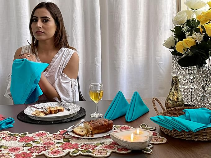 Bedding Craft Cotton Cloth Dinner Napkins Set of 12 – 18x18 Teal Hemstitched with Decorative Selvedge Holes & Mitered Corners – Reusable Machine Washable Fabric Napkins for Weddings & Dining - Image 8