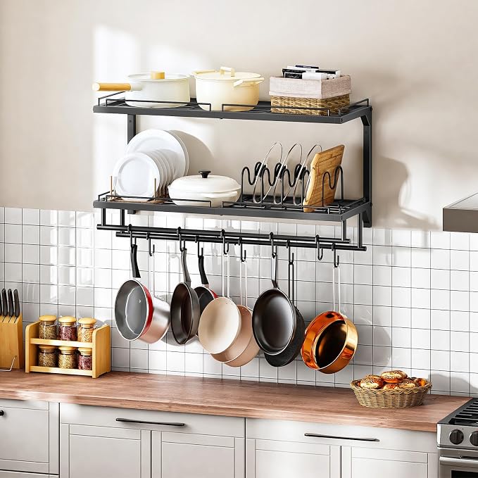 Pot Rack, Wall Mounted Pan Holder, 2-Tier Pot and Pan Organizer, Pot Hanger with 10 S-Shaped Hooks, Cookware Organizer with 5 Removable Metal Wire Dividers, Black TPR35BB - Image 3