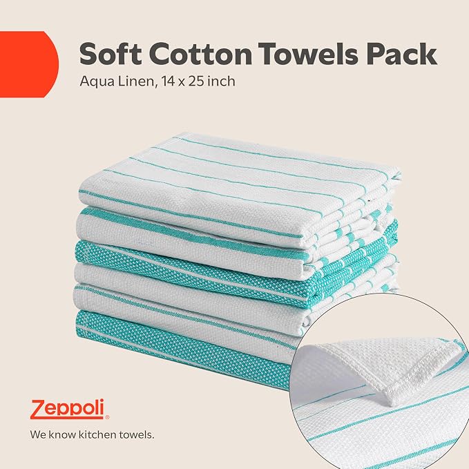 Zeppoli Classic Kitchen Towels - 6 Pack 100% Natural Cotton Towel Set, Reusable Wash Cloths, Absorbent Dish Towels, Machine Washable Hand Towels, Kitchen Essentials, 20" x 28" - Aqua Base - Image 2