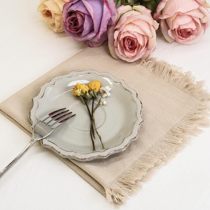 Handmade Cloth Napkins with Fringe,18 x 18 Inches Cotton Linen Napkins Set of 12 Versatile Handmade Square Rustic Fringe Napkins for Dinner, Wedding and Parties, Beige - Image 6