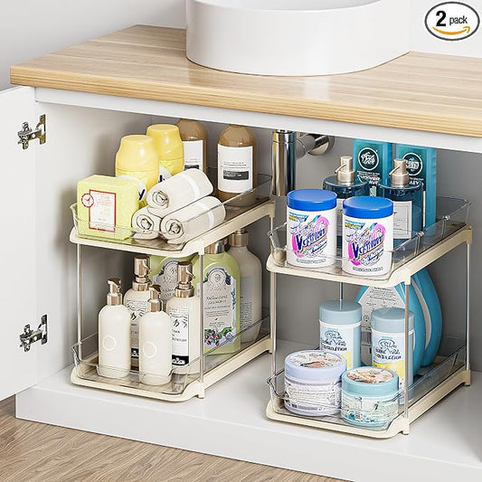 Delamu 2-Tier Multi-Purpose Bathroom Under Sink Organizers and Storage, Stackable Kitchen Pantry Organization, Pull Out Medicine Cabinet Organizer with Movable Dividers, Beige, 2 Pack by DELAMU