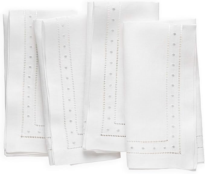 Linen Napkins Set of 4-100% Flax Linen White Dinner Napkins with Embroidered Dot 18 x 18 inch - Hemstitch Cloth Napkins Washable for Summer and Wedding Decor by OlucioAuthentiqueHome