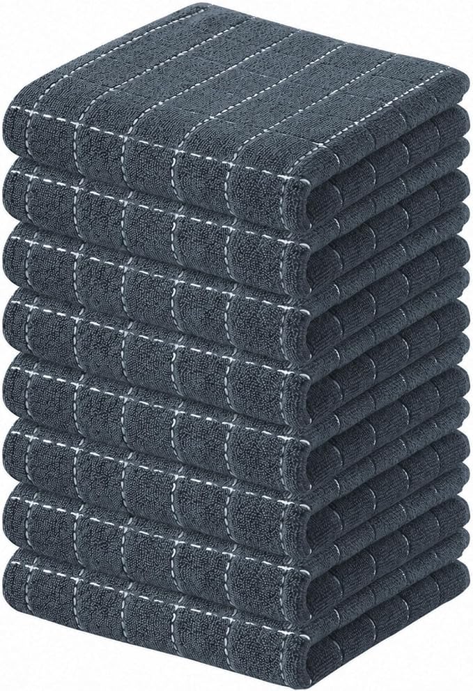 Kitinjoy 100% Cotton Terry Kitchen Towels, 13”x 28”, 8-Pack, Dark Grey | Checkered Designed, Ultra Soft Absorbent Quick Drying Dish Towels by Kitinjoy