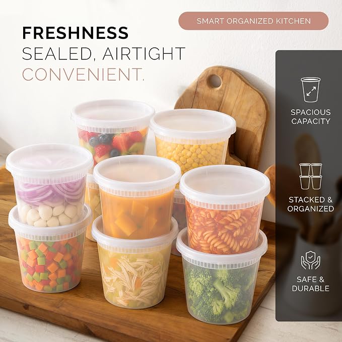 200 PACK (400 SETS) of 24 oz. Plastic Food Containers with Lids | Airtight, Microwave, Dishwasher, & Freezer Safe | Meal Prep, Disposable, Takeout Deli Soup Slime Round Food Storage Box - Image 3