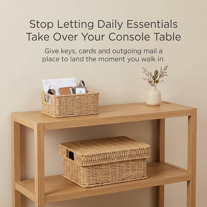 Wicker Storage Basket with Lid for Shelves, Set of 2, Natural | One rectangular wicker basket with lid and one open basket for decorative shelf storage; removable lid flips into a tray. - Image 6