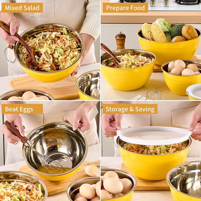 Yellow Mixing Bowls with Airtight Lids, Stainless Steel Nesting Mixing Bowls Set of 7, Ideal for Baking, Prepping and Serving Food, Size 7, 3.6, 2.7, 2.1, 1.5, 1.1,0.8 QT, Stackable Design - Image 5