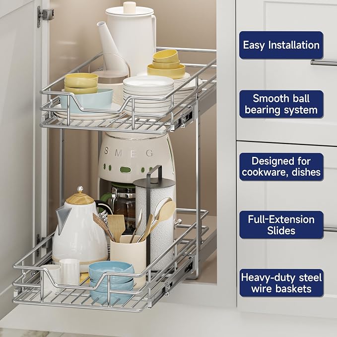 2-Tier Pull Out Cabinet Organizer, 11.5" W x 21.5" D, Heavy Duty Dual Slide Out Shelves for Narrow Base Cabinets, Chrome Wire Basket Drawer for Spices, Bottles & Snacks - Image 2