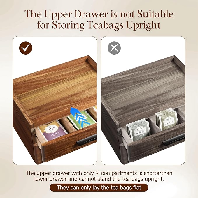 Acacia Wood Tea Bag Organizer - Double-Drawer Tea Box(21-Compartment) | With Gift Box, Countertop Tea Station Caddy for Home Office & Cabinet - Image 3
