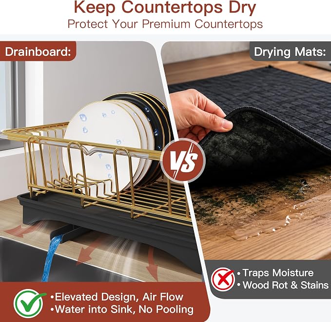 JASIWAY Gold Dish Drying Rack in Sink with Drainboard and Utensil Holder | Use Over the Sink or Counter, Stainless Steel Expandable Dish Drainer for Small Kitchen, Space Saving, Fast Drain, Rustproof - Image 4
