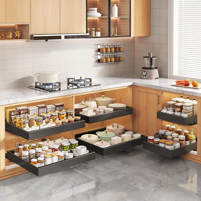 Seinloes 2 Pack Pull Out Cabinet Organizers 21"Deep with Raising Pad for Framed Cabinets,Expandable Slide Out Drawers Upgrade 3 Slide Rails,Roll Out Shelves Adhesive,Adjustable Width 12"-20.45" Black - Image 3
