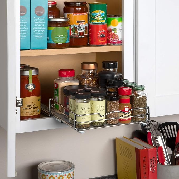 Pull-Out Cabinet Spice Rack Organizer, 10 ⅜"W x 10 ⅜"D x 2 ¾"H | Slim Slide-Out Storage for Spices, Bottles & Jars, Premium Heavy-Duty Steel, Easy Install for Narrow Kitchen Cabinets, Chrome - Image 6