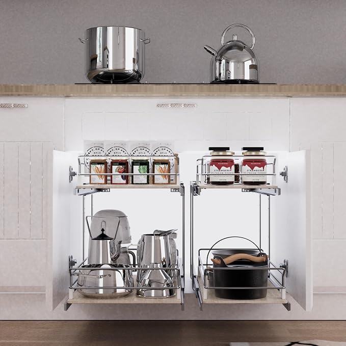 2 Tier Pull Out Cabinet Organizer 20.08" W X 22" D, Wood & Chromed | Full Slide Out Drawers For Kitchen Cabinets, Cabinets Capacity Heavy Duty Caddy, Cabinet Pullout Shelves , Pantry Storage - Image 4
