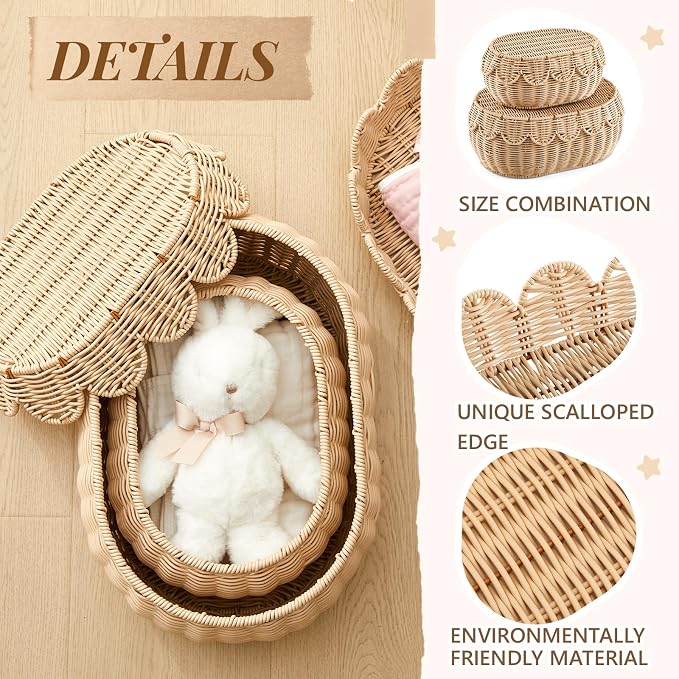 2 Pcs Scalloped Rattan Baskets, Baby Diaper Caddy, Imitation Woven Rattan Wicker Storage Baskets Plastic with Lid for Nursery Storage Organizer Bathroom Decor (Natural,Small,Medium) - Image 5